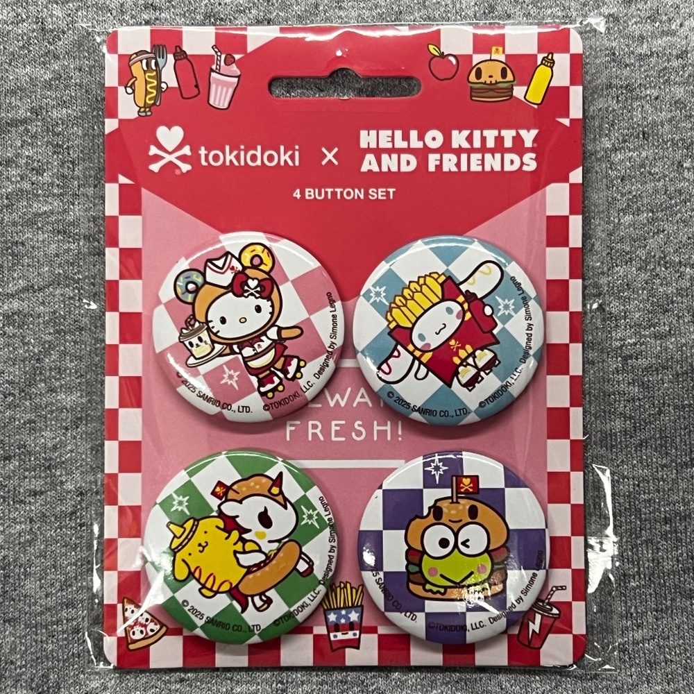 NWT tokidoki x Hello Kitty and Friends Fast Food Collection Four Button Set